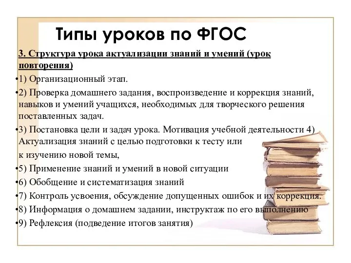 Типы уроков по ФГОС 3. Структура урока актуализации знаний и умений (урок