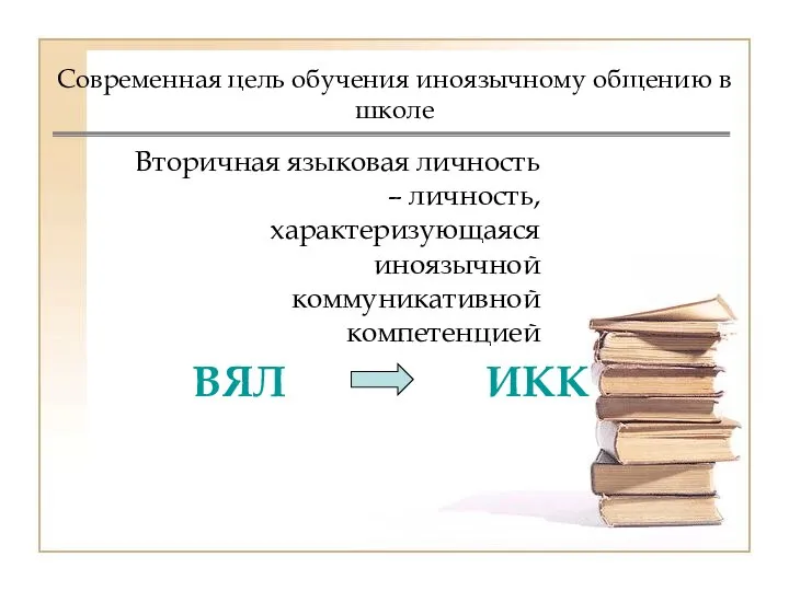 Вторичная языковая личность – личность, характеризующаяся иноязычной коммуникативной компетенцией Современная цель обучения