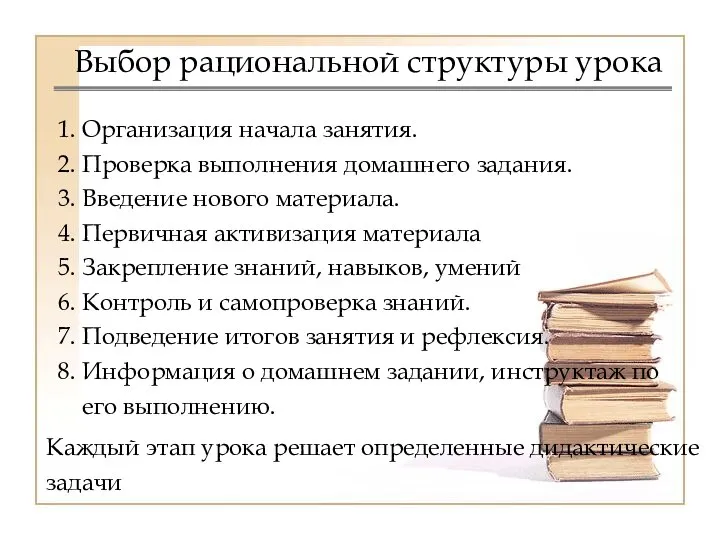 Выбор рациональной структуры урока 1. Организация начала занятия. 2. Проверка выполнения домашнего