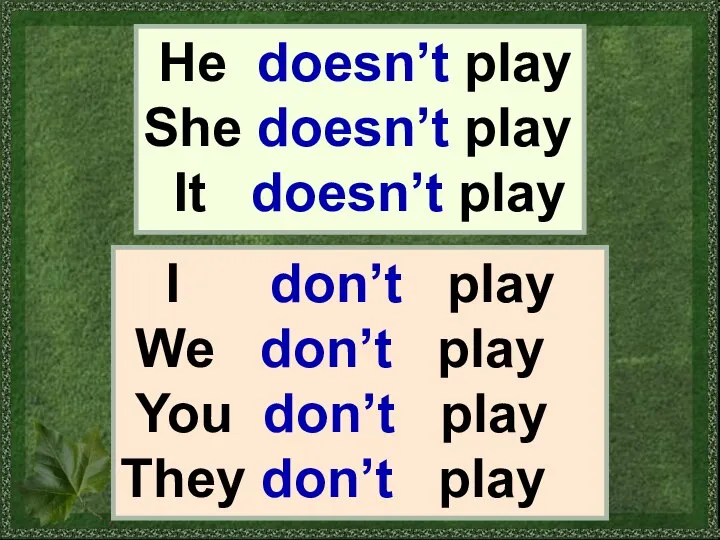 He doesn’t play She doesn’t play It doesn’t play I don’t play