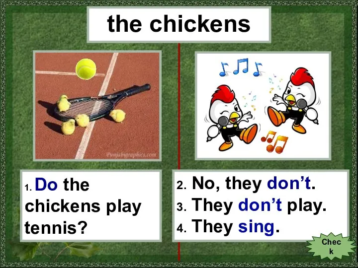 the chickens 1. Do the chickens play tennis? 2. No, they don’t.