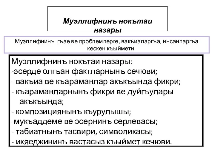 Муэллифнинъ нокътаи назары Муэллифнинъ гъае ве проблемлерге, вакъиаларгъа, инсанларгъа кескен къыймети Муэллифнинъ