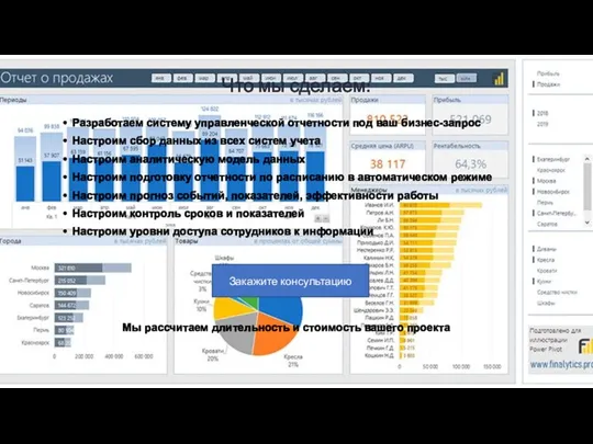 Что мы сделаем: Разработаем систему управленческой отчетности под ваш бизнес-запрос Настроим сбор