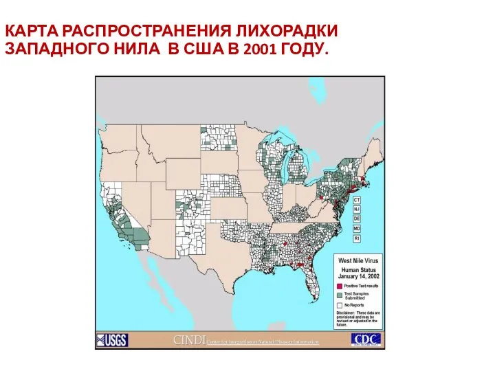 КАРТА РАСПРОСТРАНЕНИЯ ЛИХОРАДКИ ЗАПАДНОГО НИЛА В США В 2001 ГОДУ.