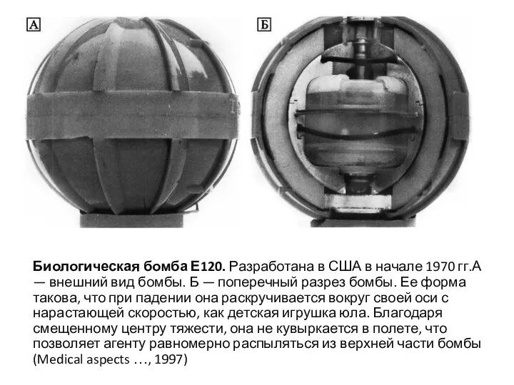 Биологическая бомба Е120. Разработана в США в начале 1970 гг.А — внешний