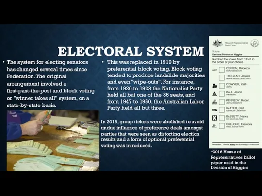 ELECTORAL SYSTEM The system for electing senators has changed several times since