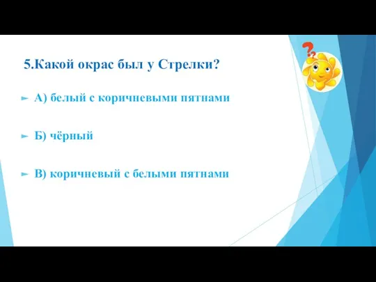 5.Какой окрас был у Стрелки? А) белый с коричневыми пятнами Б) чёрный