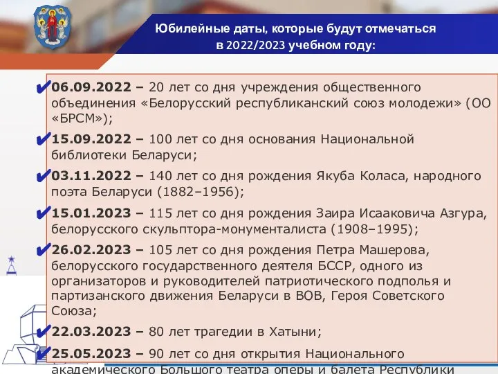 Юбилейные даты, которые будут отмечаться в 2022/2023 учебном году: 06.09.2022 – 20