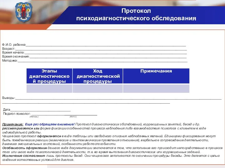 Ф.И.О. ребенка________________________________________________________________________________________ Возраст:______________________________________________________________________________________________ Время начала:_________________________________________________________________________________________ Время окончания:______________________________________________________________________________________ Методика:_____________________________________________________________________________________________ Выводы:_____________________________________________________________________________________________________________________________________________________________________________________________________________ Дата_________________________________ Педагог-психолог: ____________________________________