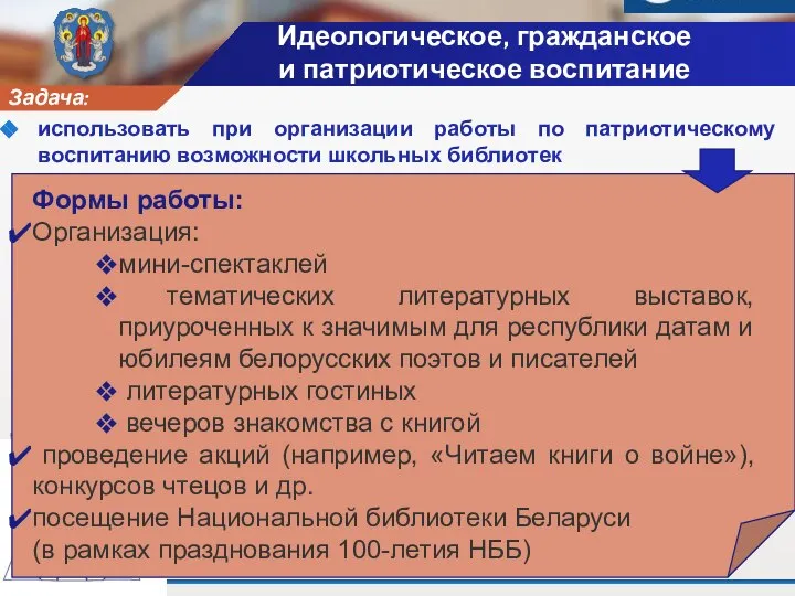 Идеологическое, гражданское и патриотическое воспитание Формы работы: Организация: мини-спектаклей тематических литературных выставок,