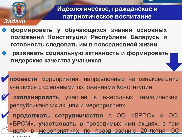 Идеологическое, гражданское и патриотическое воспитание Задачи: формировать у обучающихся знания основных положений