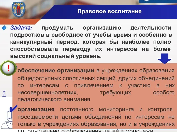 Правовое воспитание Задача: продумать организацию деятельности подростков в свободное от учебы время