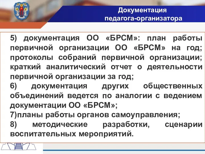 5) документация ОО «БРСМ»: план работы первичной организации ОО «БРСМ» на год;