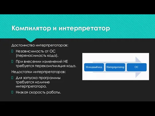 Компилятор и интерпретатор Достоинства интерпретаторов: Независимость от ОС (переносимость кода). При внесении