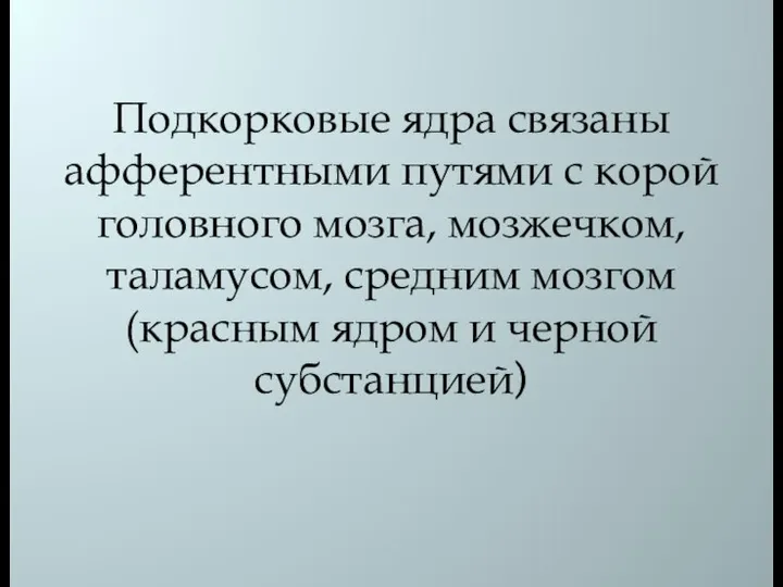 Подкорковые ядра связаны афферентными путями с корой головного мозга, мозжечком, таламусом, средним