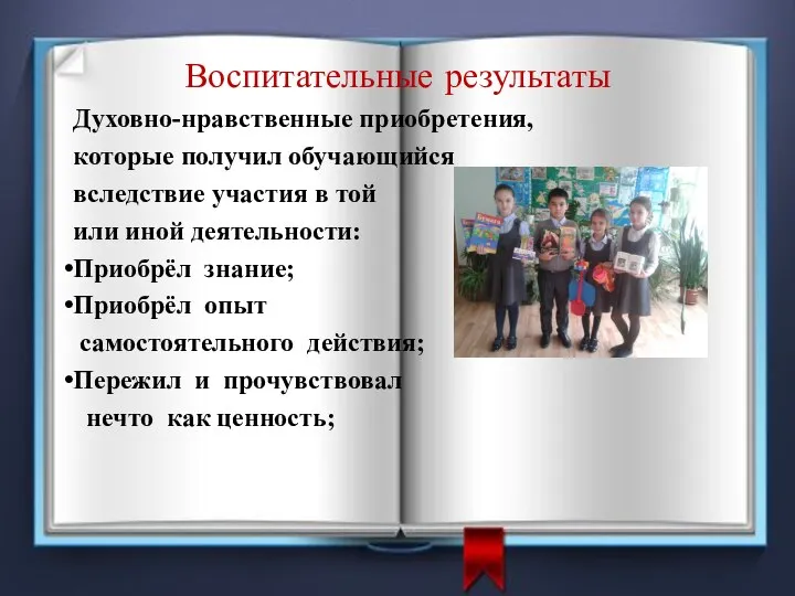 Воспитательные результаты Духовно-нравственные приобретения, которые получил обучающийся вследствие участия в той или