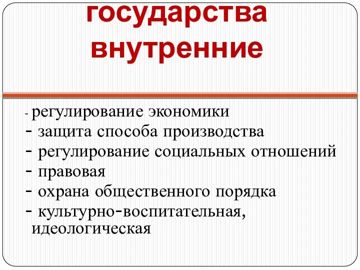 Функции государства внутренние - регулирование экономики - защита способа производства - регулирование