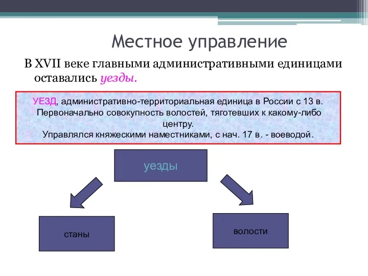 В XVII веке главными административными единицами оставались уезды. УЕЗД, административно-территориальная единица в