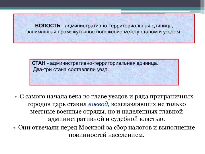 ВОЛОСТЬ - административно-территориальная единица, занимавшая промежуточное положение между станом и уездом. СТАН