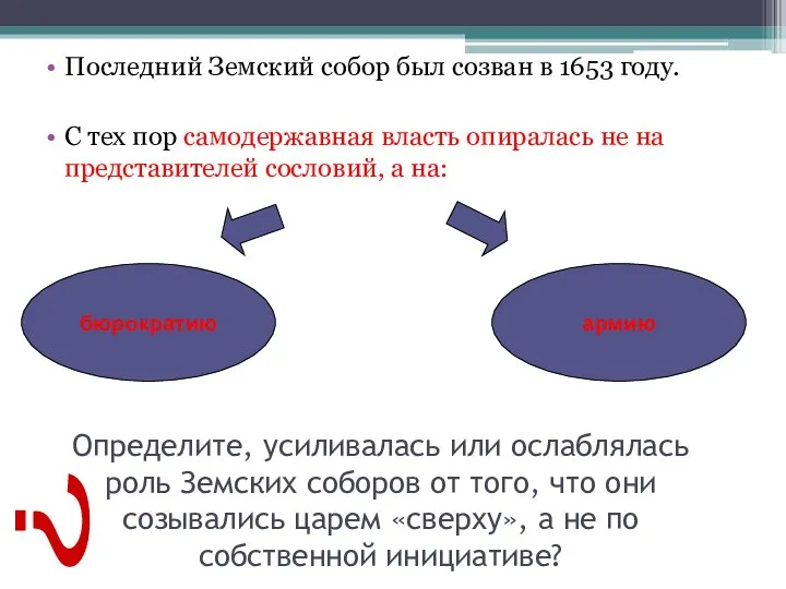 Последний Земский собор был созван в 1653 году. С тех пор самодержавная