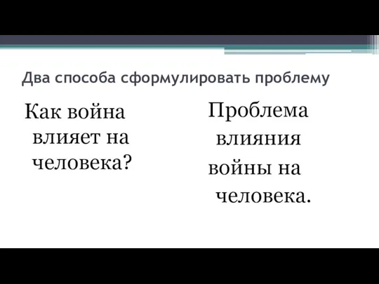 Два способа сформулировать проблему Как война влияет на человека? Проблема влияния войны на человека.