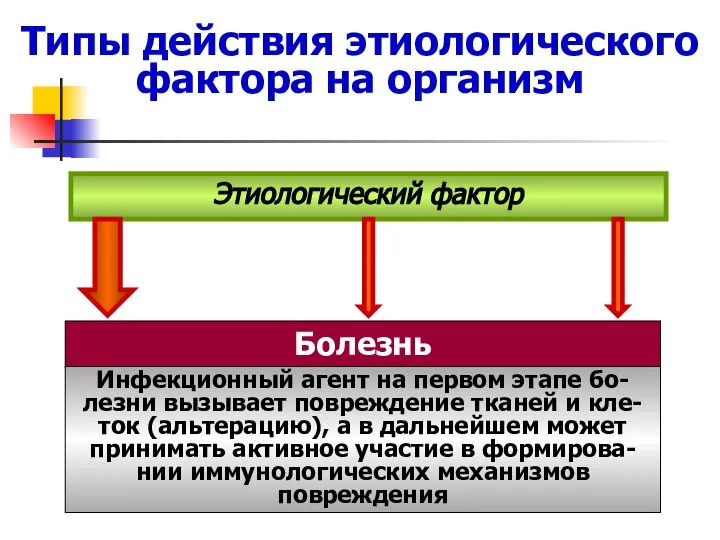 Типы действия этиологического фактора на организм Болезнь Этиологический фактор Инфекционный агент на