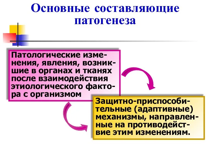 Основные составляющие патогенеза Патологические изме-нения, явления, возник-шие в органах и тканях после