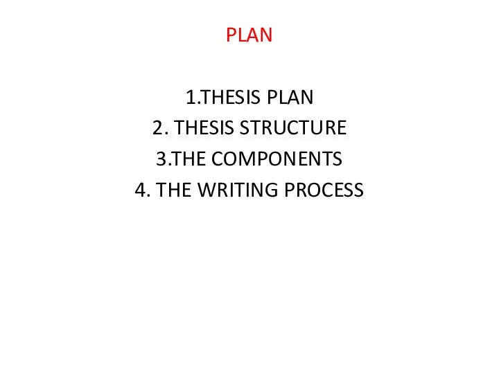 PLAN 1.THESIS PLAN 2. THESIS STRUCTURE 3.THE COMPONENTS 4. THE WRITING PROCESS