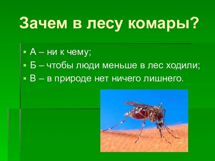 Зачем в лесу комары? А – ни к чему; Б – чтобы