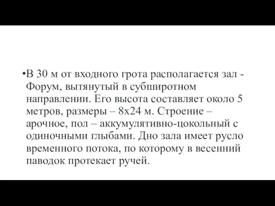 В 30 м от входного грота располагается зал - Форум, вытянутый в