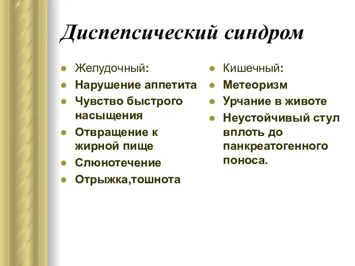 Диспепсический синдром Желудочный: Нарушение аппетита Чувство быстрого насыщения Отвращение к жирной пище