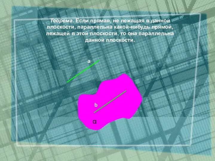 Теорема. Если прямая, не лежащая в данной плоскости, параллельна какой-нибудь прямой, лежащей