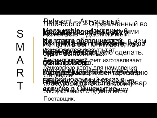 Specific – Конкретный. Из пункта вы понимаете, что именно необходимо сделать. Анти-пример: