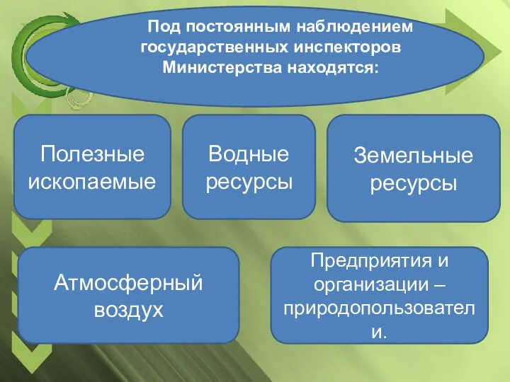 Полезные ископаемые Водные ресурсы Земельные ресурсы Под постоянным наблюдением государственных инспекторов Министерства