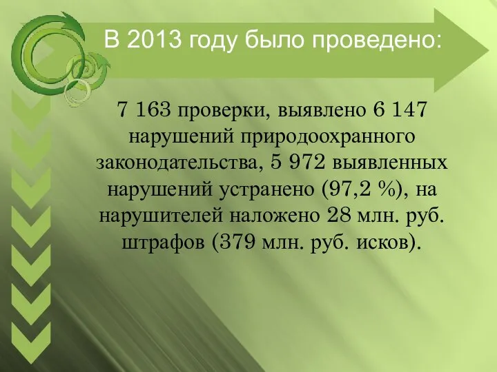 7 163 проверки, выявлено 6 147 нарушений природоохранного законодательства, 5 972 выявленных