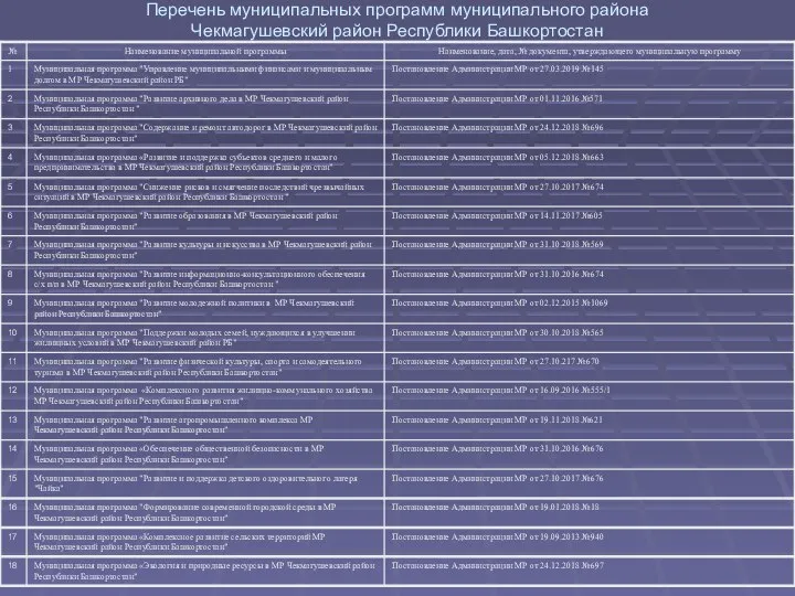 Перечень муниципальных программ муниципального района Чекмагушевский район Республики Башкортостан