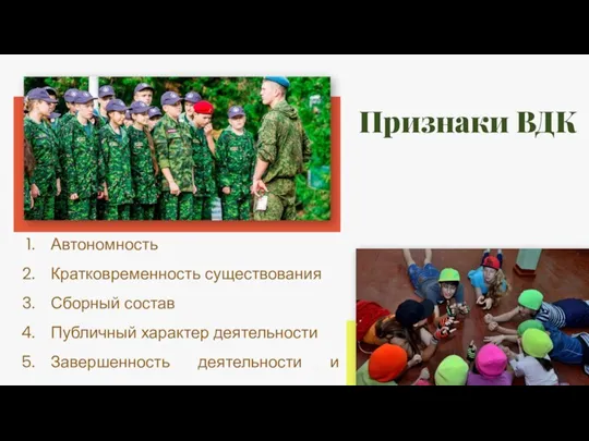 Признаки ВДК Автономность Кратковременность существования Сборный состав Публичный характер деятельности Завершенность деятельности и развития