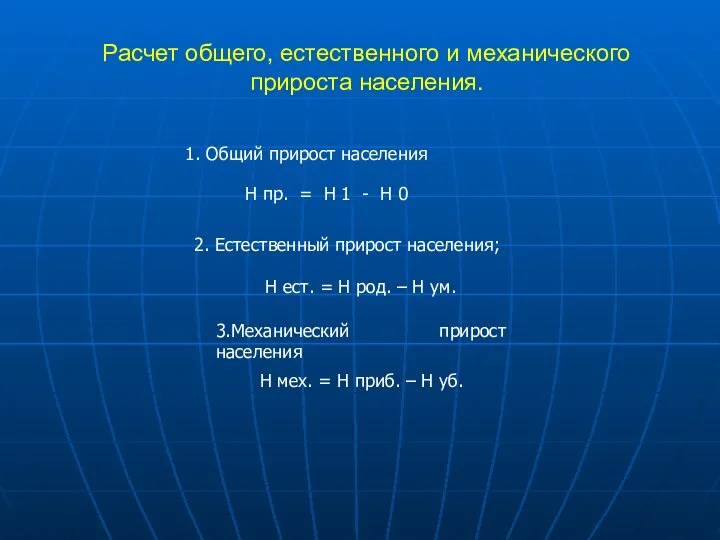 Расчет общего, естественного и механического прироста населения. Н пр. = Н 1