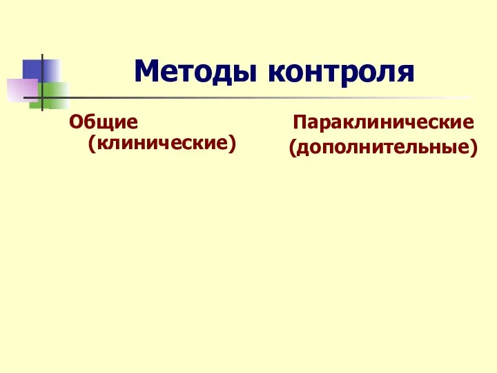 Методы контроля Общие (клинические) Анамнез Внешний осмотр Пальпация Перкуссия Аускультация Параклинические (дополнительные)