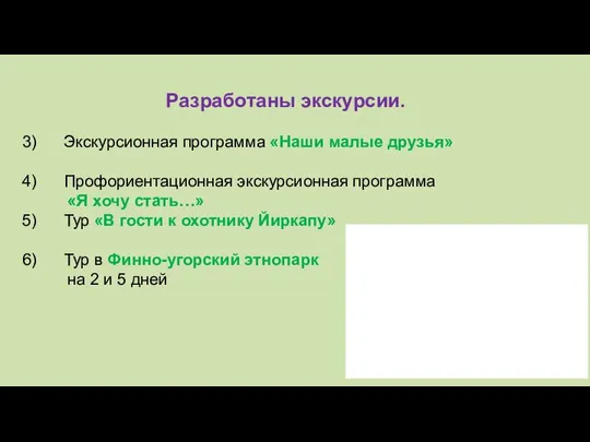 Разработаны экскурсии. 3) Экскурсионная программа «Наши малые друзья» 4) Профориентационная экскурсионная программа