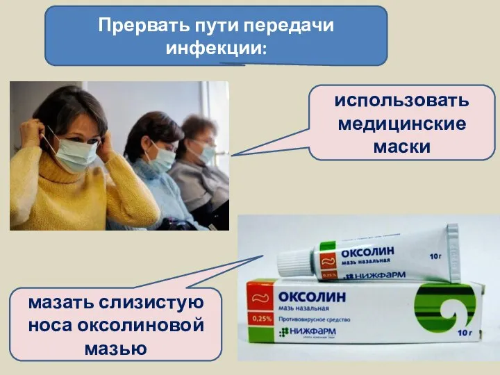 Прервать пути передачи инфекции: использовать медицинские маски мазать слизистую носа оксолиновой мазью