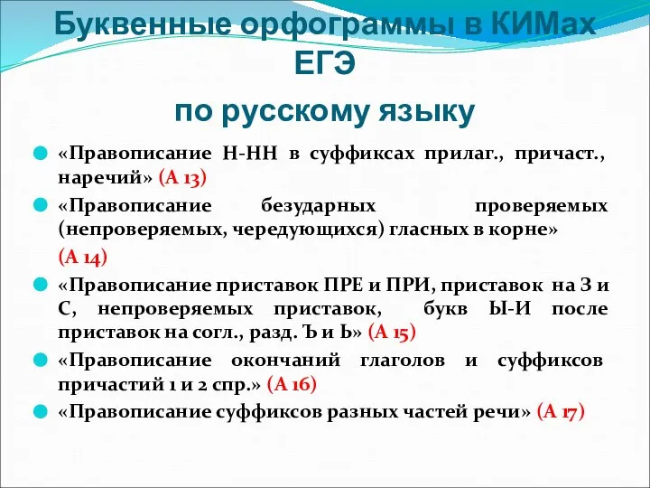 Буквенные орфограммы в КИМах ЕГЭ по русскому языку «Правописание Н-НН в суффиксах