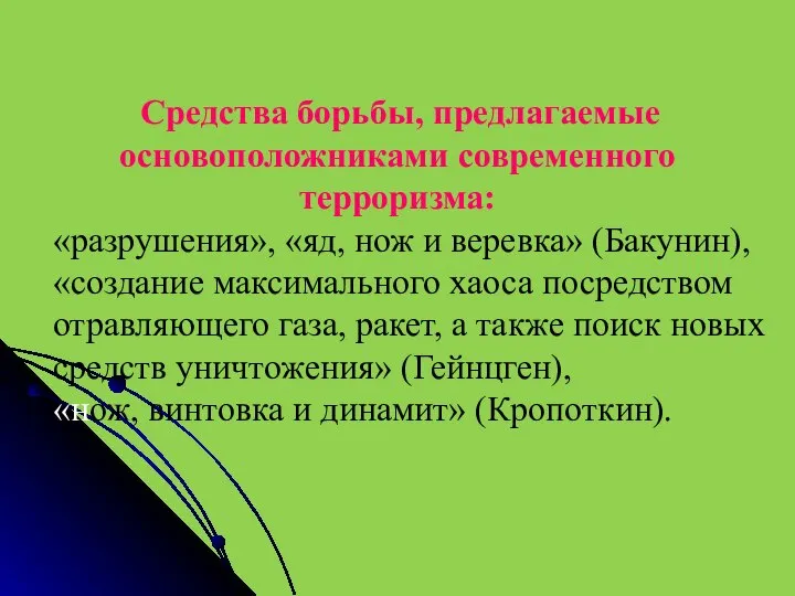 Средства борьбы, предлагаемые основоположниками современного терроризма: «разрушения», «яд, нож и веревка» (Бакунин),