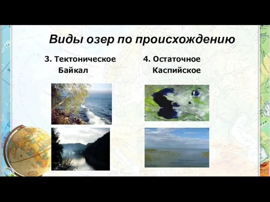 Виды озер по происхождению 3. Тектоническое 4. Остаточное Байкал Каспийское