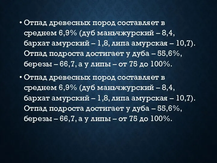 Отпад древесных пород составляет в среднем 6,9% (дуб маньчжурский – 8,4, бархат