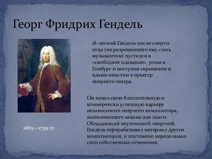 Георг Фридрих Гендель 1685—1759 гг. 18-летний Гендель после смерти отца (не разрешавшего