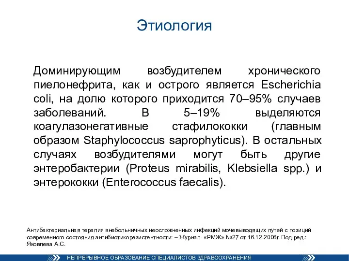 Этиология Доминирующим возбудителем хронического пиелонефрита, как и острого является Escherichia coli, на