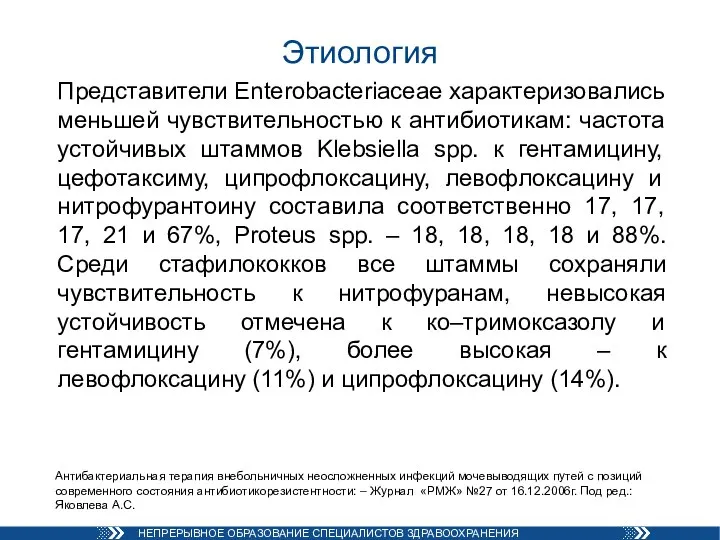 Этиология Представители Enterobacteriaceae характеризовались меньшей чувствительностью к антибиотикам: частота устойчивых штаммов Klebsiella