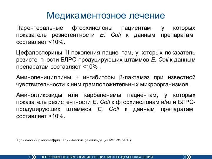 Медикаментозное лечение Парентеральные фторхинолоны пациентам, у которых показатель резистентности E. Coli к