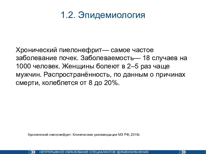 Хронический пиелонефрит— самое частое заболевание почек. Заболеваемость— 18 случаев на 1000 человек.